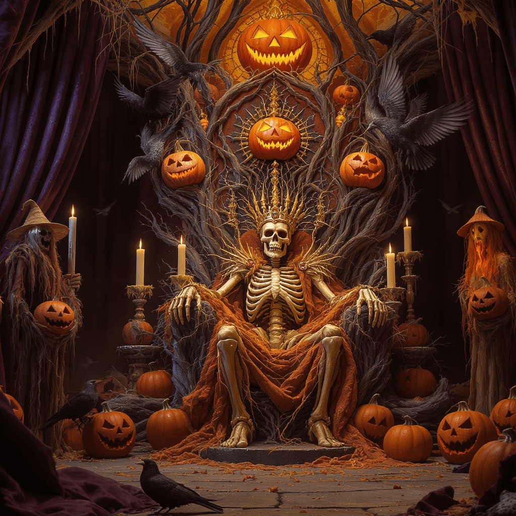 AI generated: The Pumpkin King’s Throne Room — a skeletal monarch sits upon a throne of twisted vines and carved g...