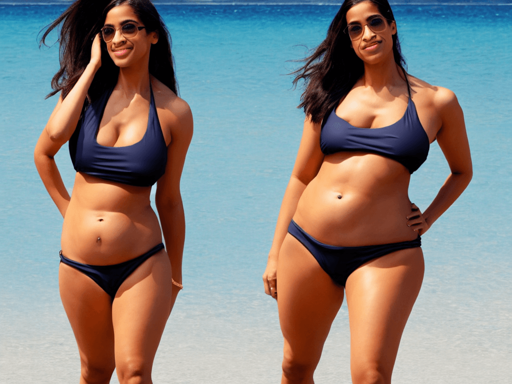 AI generated: full body view, AOC wearing a bikini, curvy chest and hips, thin waist --beta --ar 9:32 --upbeta --u...