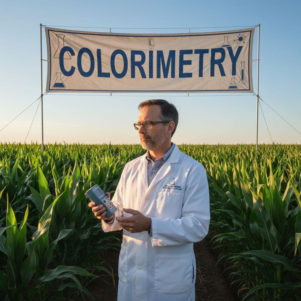 AI generated: chemistry professor with a name badge saying joel loveridge with a colorimeter device in his hand in...
