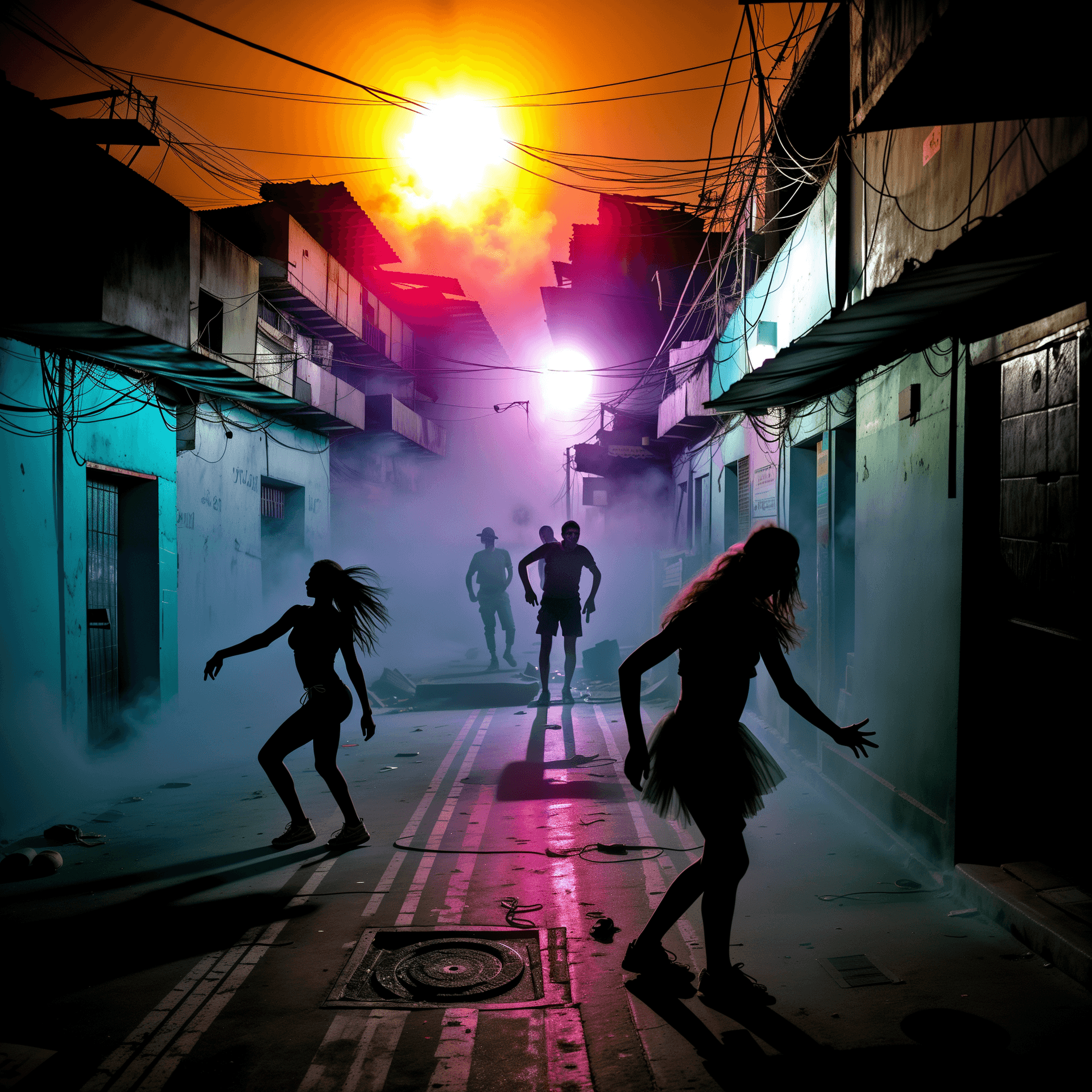 AI generated: hdr film still lifelike textures,emerging from neon fog of underground club in the middle of Brazil'...
