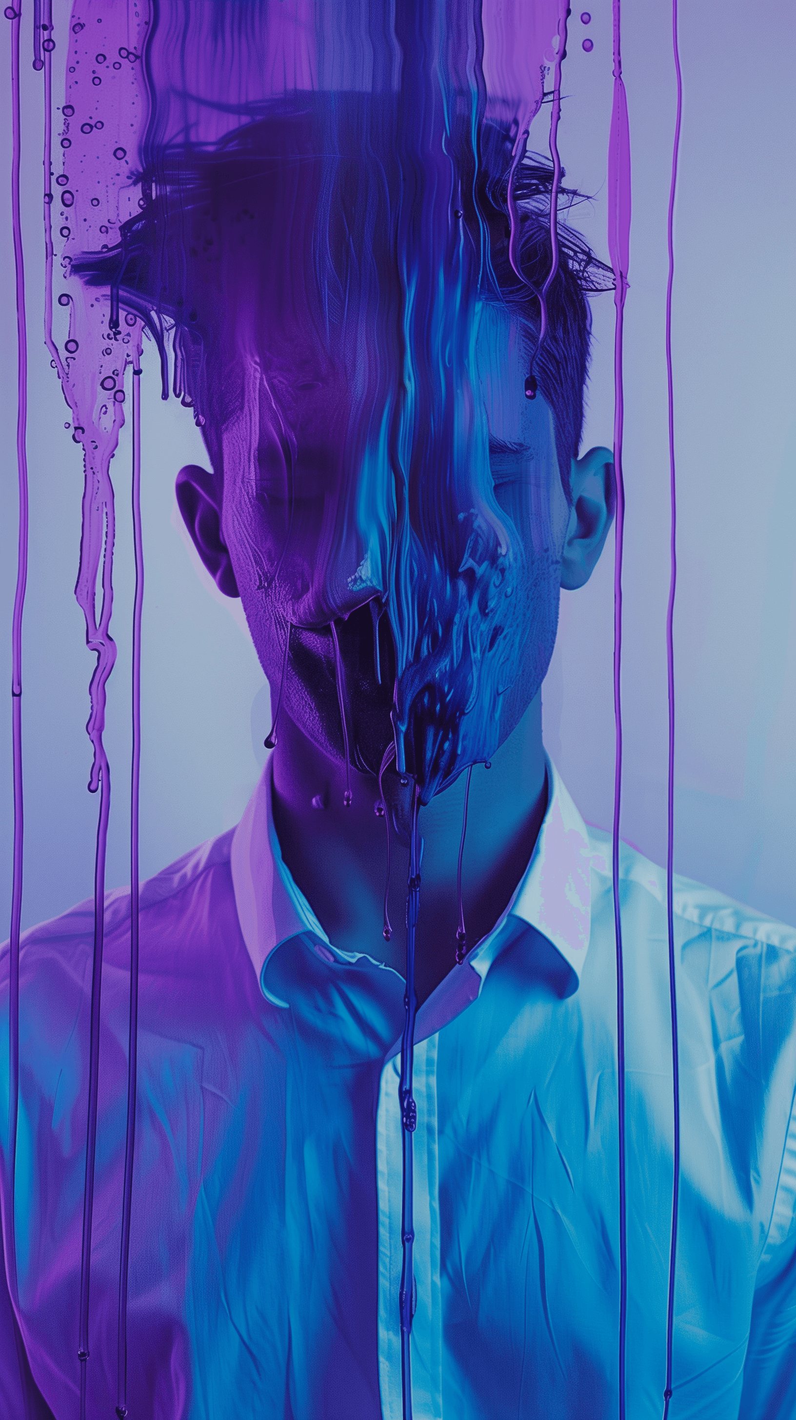 AI generated: photography, male figure emerges from a cascading purple and blue color wash, his face visible, half...