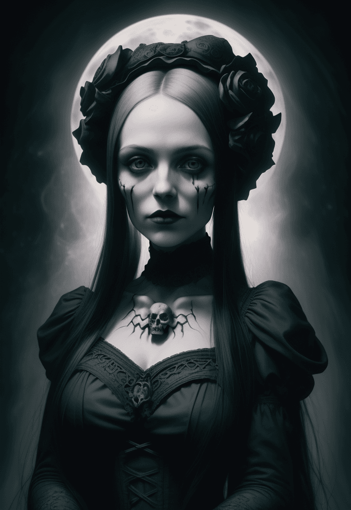 AI generated: **Portrait of a tremble beautiful gothic woman wearing a human skull on top of her head, front facin...