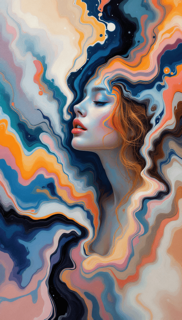 AI generated: Fluid Art, Flowing Colors, Marbled Surfaces, Organic, Woman Holding a Canvas Pouring, Intent Pose, A...