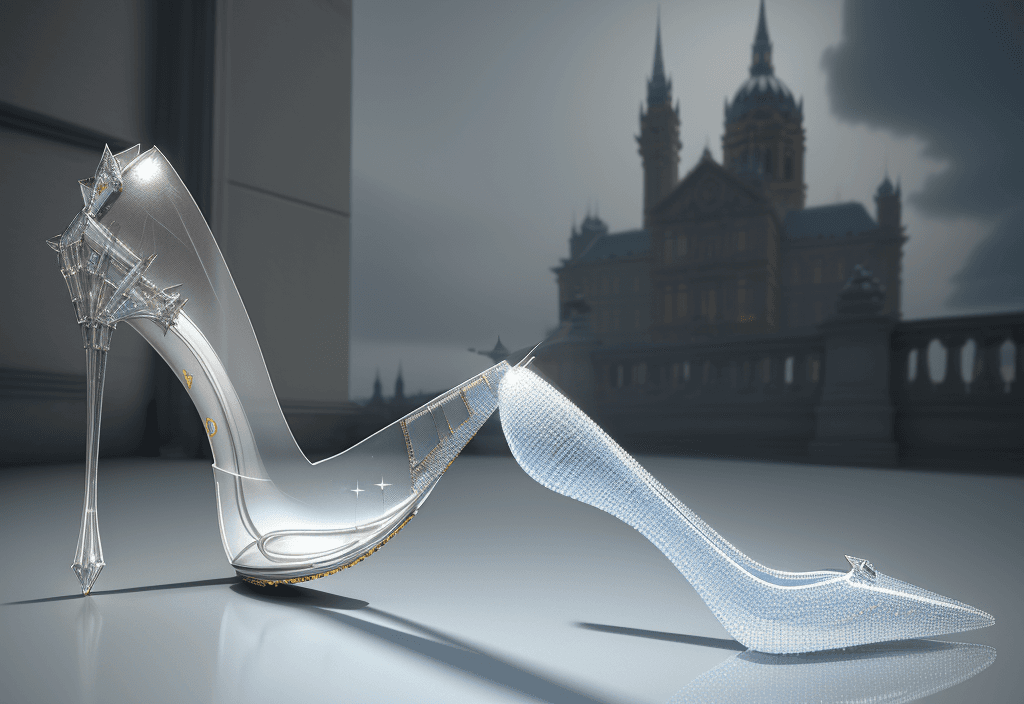 AI generated: Cinderella's very high crystal transparent stiletto heel, against the backdrop of the royal palace::...