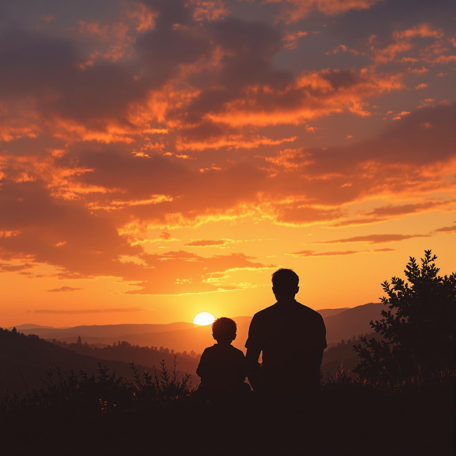 AI generated: Ein fotorealistisches Bild eines Vaters und seines Sohnes, die zusammen bei Sonnenuntergang sitzen. ...