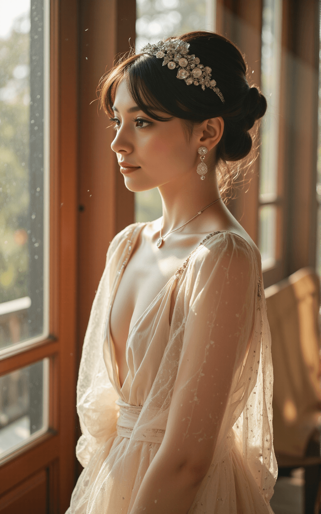 AI generated: Ultra-realistic cinematic portrait photography of an elegant young girl standing indoors beside a ta...
