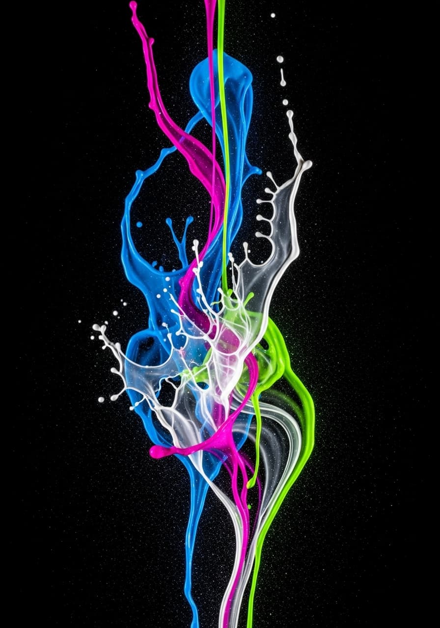 AI generated: fluid patterns, neon, liquids, splashes, black background, studio light, pattern, many details, wall...