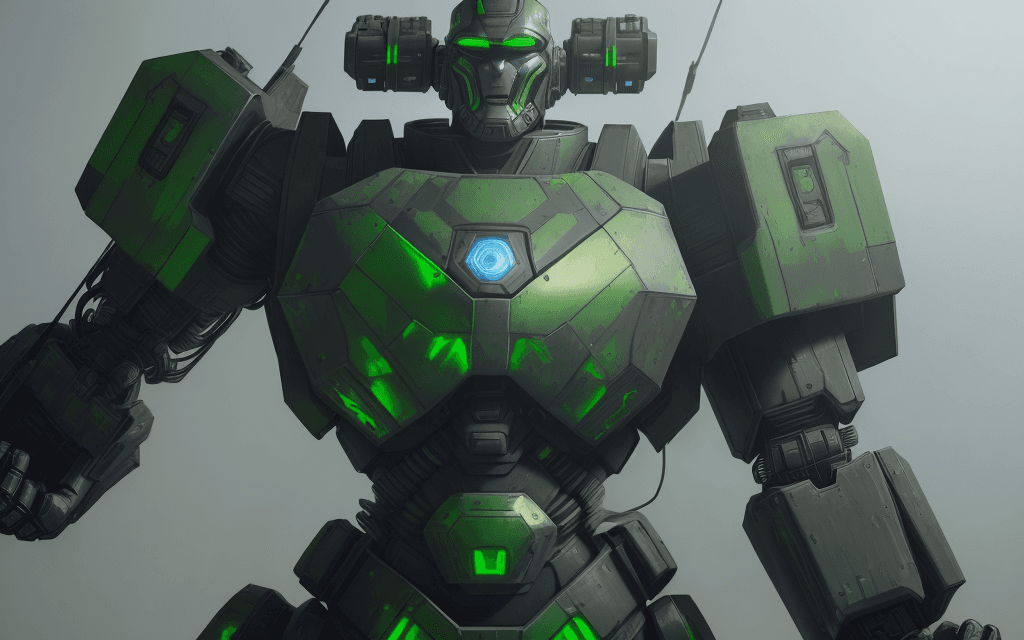 AI generated: brutal man warrior robot stands and holding a M41A Pulse Rifle in his hands, after the battle, looki...