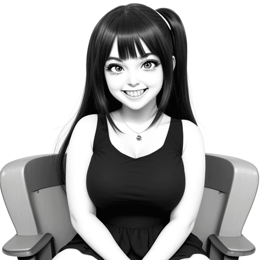 AI generated: Cartoon girl smiling, Anime cute, big beautiful eyes, fully seated, friendly smile,{{{{{{black and w...