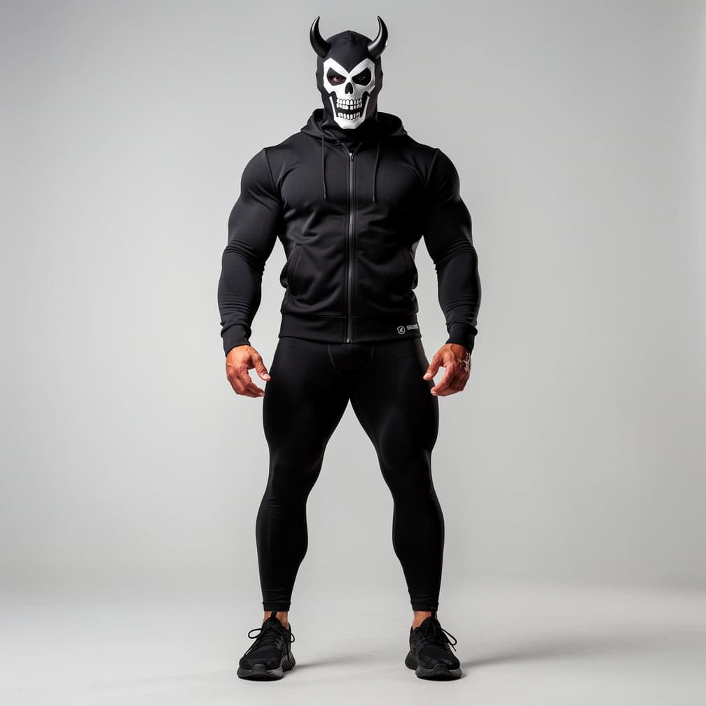 AI generated: A big muscular man wearing black short shorts and a black unzipped jacket with a hood plus a black m...