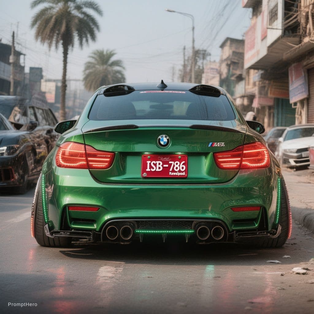 AI generated: “Rear view green BMW M4, red custom number plate ‘ISB-786’, glowing LED rims, parked on roadside nea...
