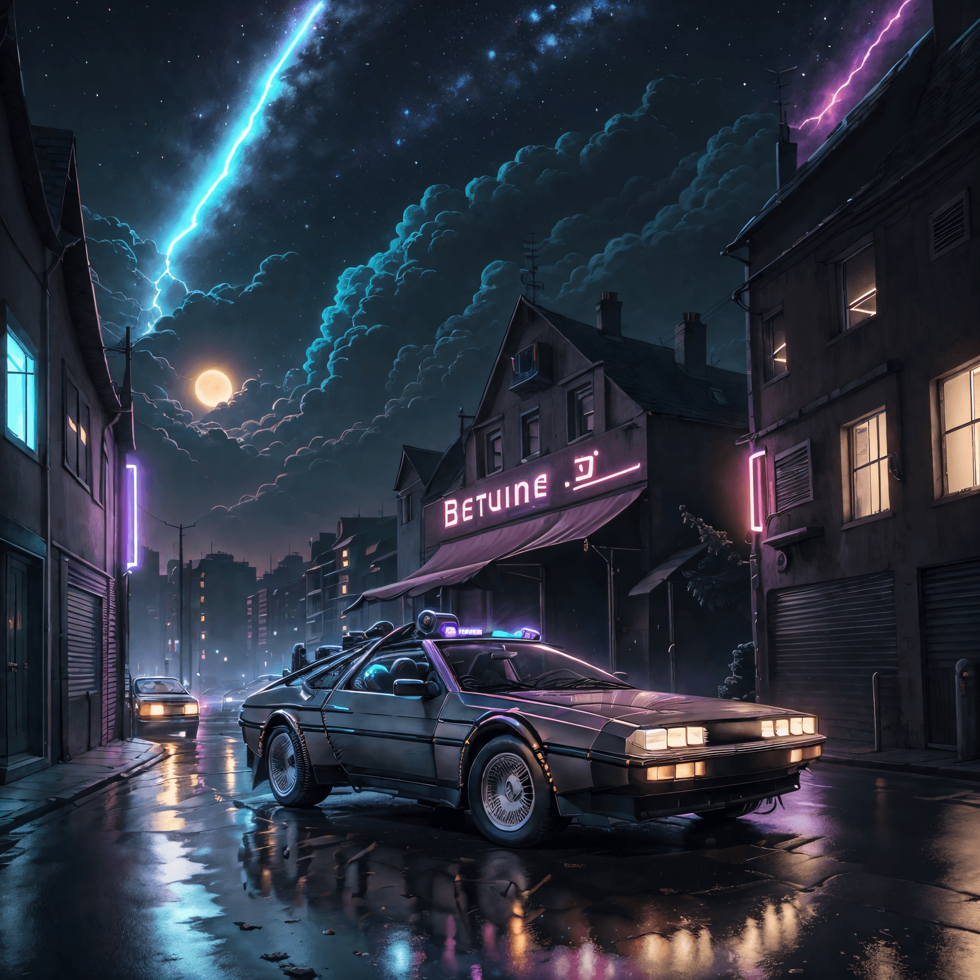 AI generated: Retro wave. city,delorean dmc-12 , wide kit, road, purple neon lights, sun, mountain, (masterpiece, ...