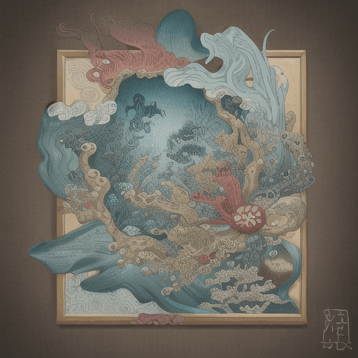 AI generated: highly detailed and intricate underwater world::2 color japanese woodblock art::1.5 glittery dark cy...