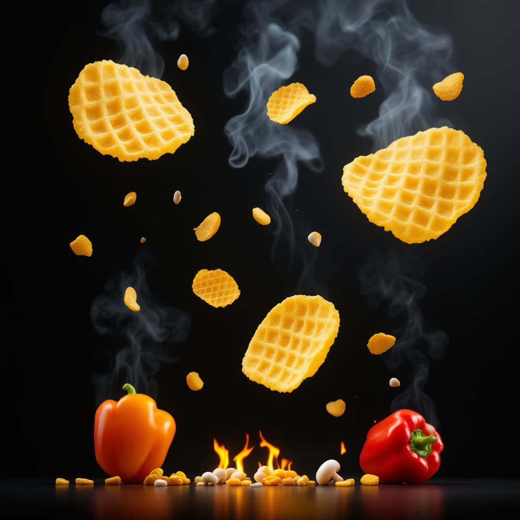AI generated: 3 potato chips that has waffle cut shapes and  are suspending on the air. these chips are surrounded...