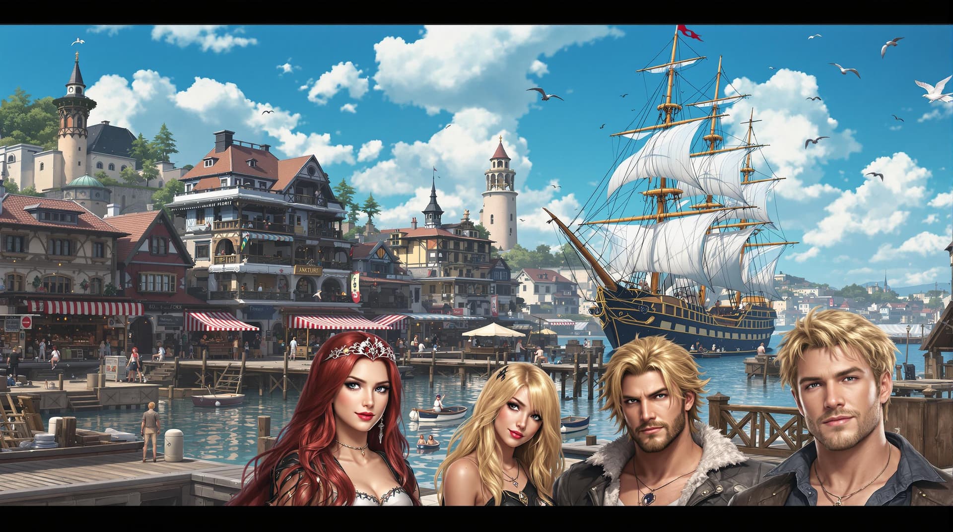 AI generated: a fantasy image featuring three individuals in the foreground and a detailed background. Foreground ...