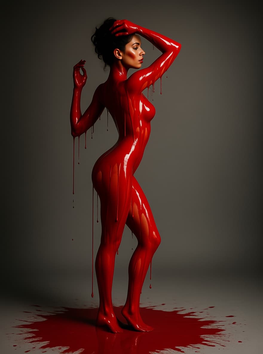 AI generated: A dramatic, high-contrast studio portrait of a woman standing in elegant side profile. Her body is a...