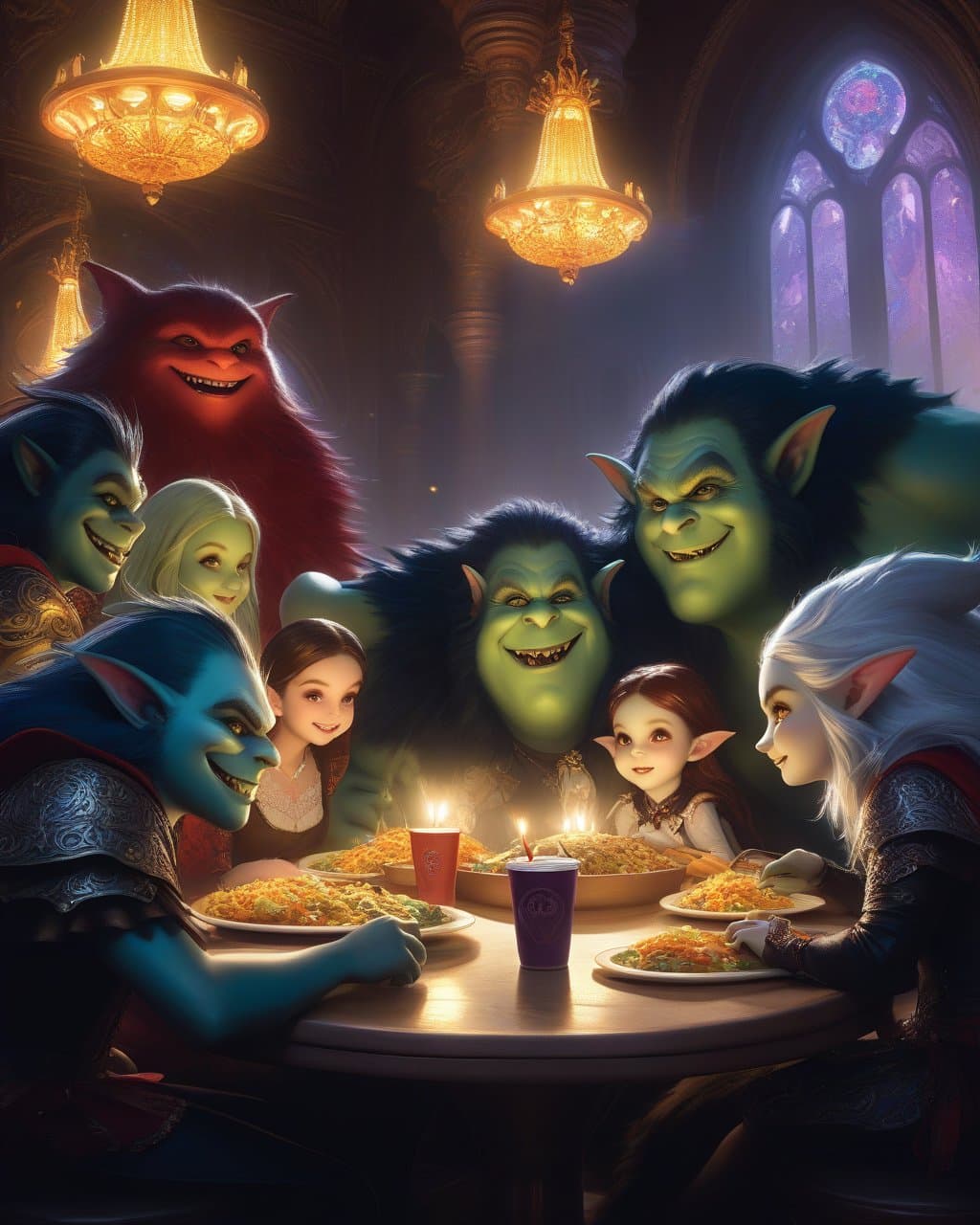 AI generated: luminism, a close up monster family having dinner in the overcrowded fast-food, a close up cute magi...