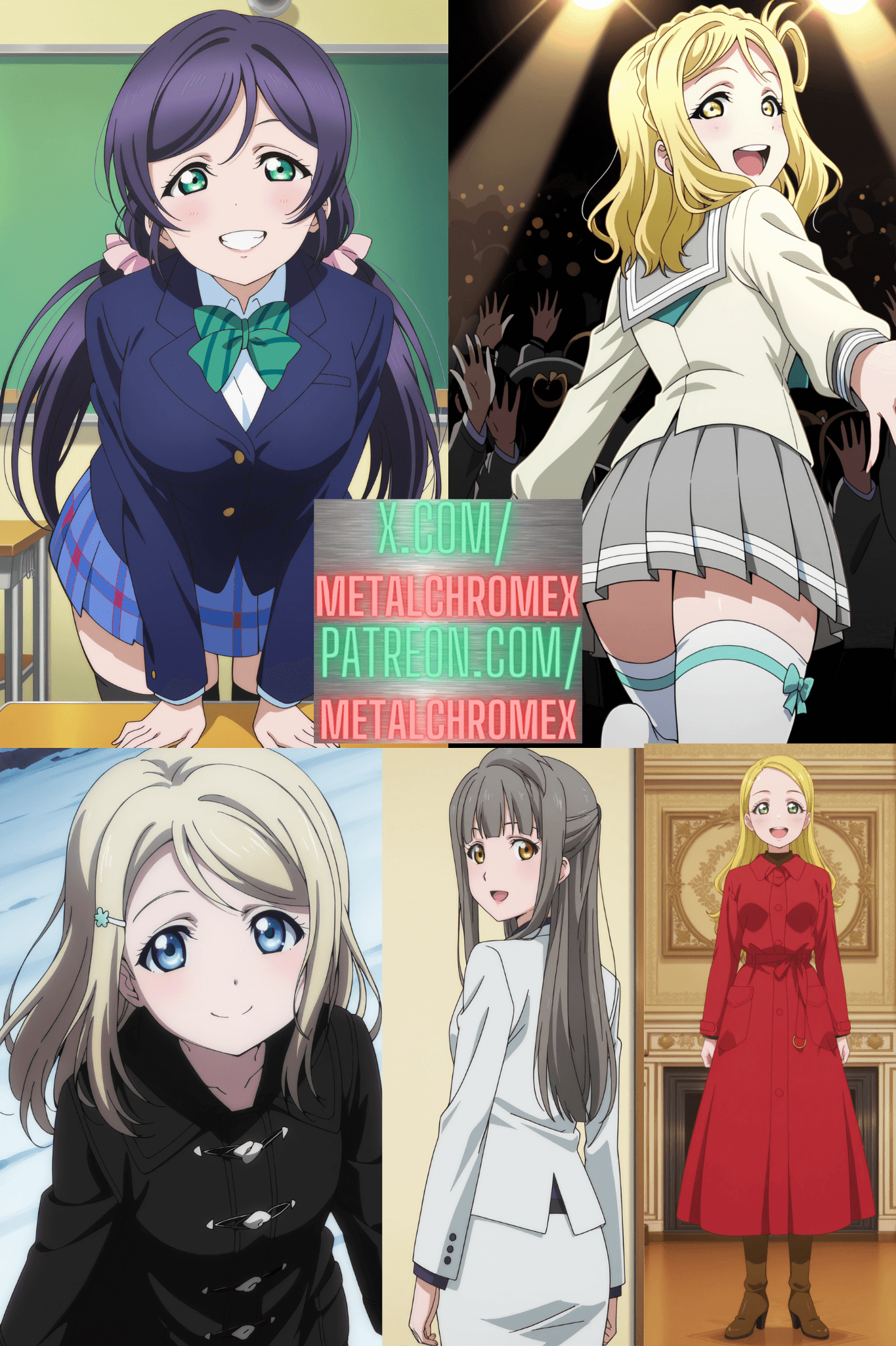 Love Live! characters by MetalchromeX (Illustrious and Pony) - Eli Ayase, Nozomi Tojo, Mari Ohara, Alisa Ayase, Director Minami, Mari Ohara's Mother