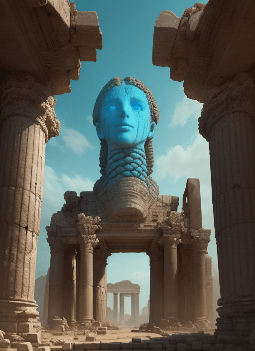 AI generated: Photo realistic Ancient City Ruins, ruins and columns in a desert landscape, the head of a giant Anc...