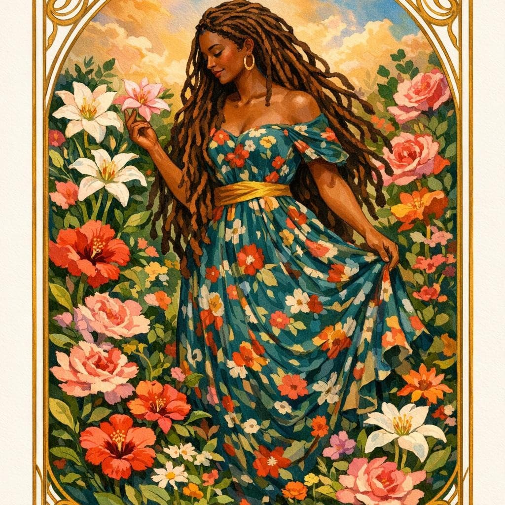 AI generated: A beautiful gouache illustration of a dark-brown-skinned woman with brown flowing locs long floral-p...