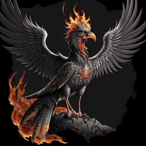 AI generated: proud realistic phoenix, with head held high on the side, reborn from flames and ashes,style draw da...
