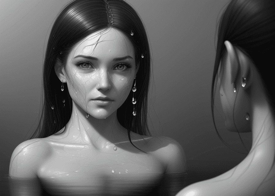 AI generated: a black and white drawing of a woman's face, in the style of water drops, daz3d, blink-and-you-miss-...