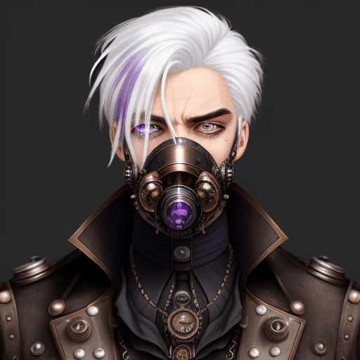 AI generated: steampunk man, white hair combed back, the right half of the face is black and purple, eyes of diffe...