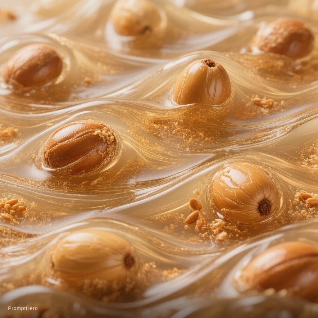 AI generated: Realistic argan kernels and argan nut granules are visibly embedded deep within the flowing liquid w...