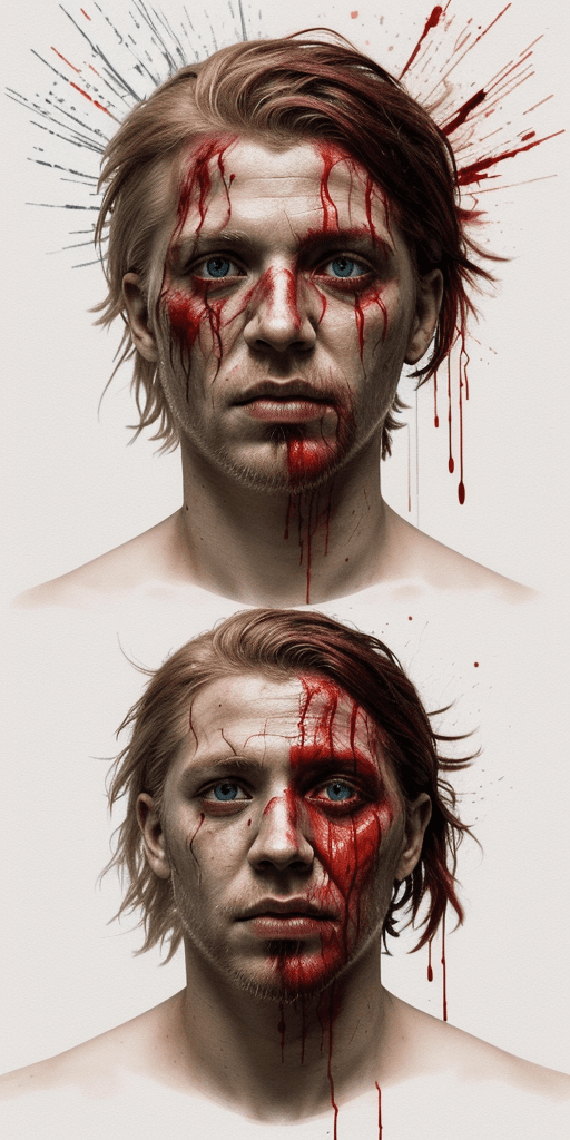 AI generated: (rfktrstyle A half body portrait of a battered and injured Thor covered in cuts and blood, half body...