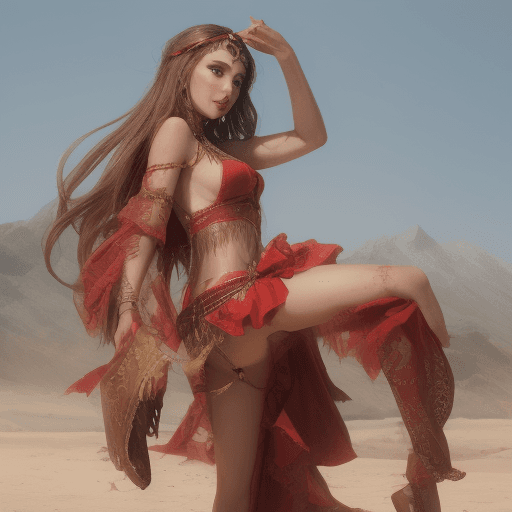 AI generated: The image depicts a woman in a red belly dancing outfit, posing in a desert setting.

- The woman is...