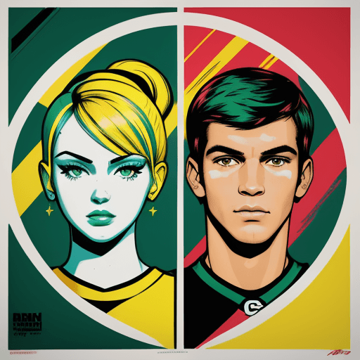 AI generated: a colorful painting of a cheerleader and a quarterback with attention to detail, in the style of ric...