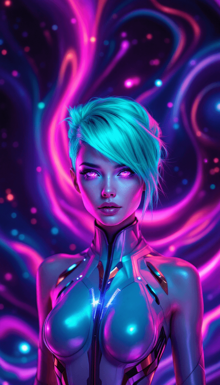 AI generated: A futuristic woman with vibrant turquoise hair, styled in a sleek and modern way. Her eyes are pierc...