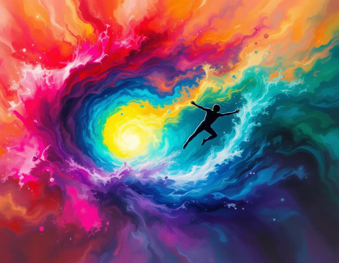 AI generated: artistic, water painting style, art piece showing a lone figure falling into an explosion of vibrant...