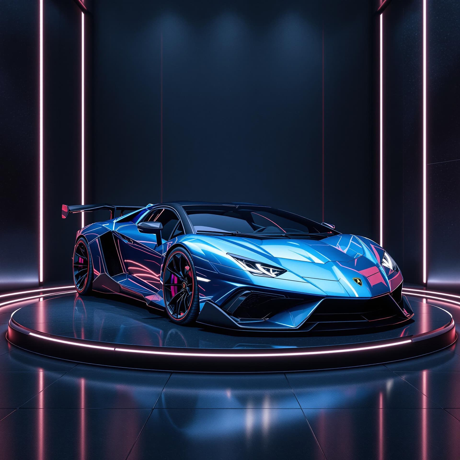 AI generated: a realistic futuristic shiny mettallic ice blue lamborghini on a led podium and dark abstract backgr...