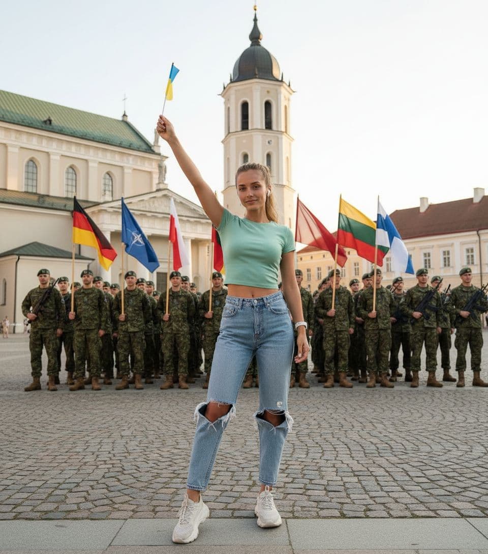 AI generated: 22-year-old 5 foot 7 Spanish girl, standing. stands in Vilnius Old Town against the backdrop in the ...