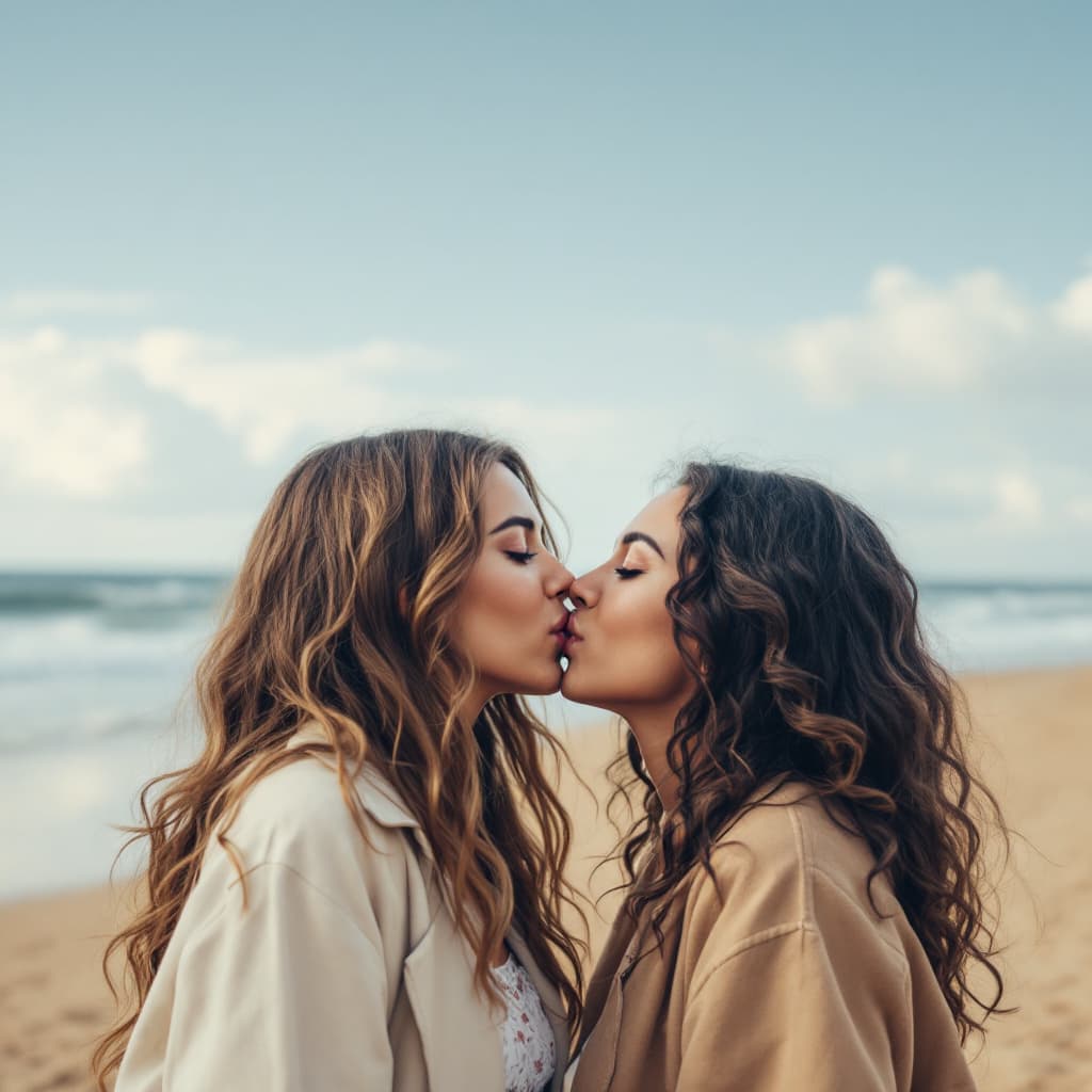 AI generated: two women kissing, Caucasian and Latina