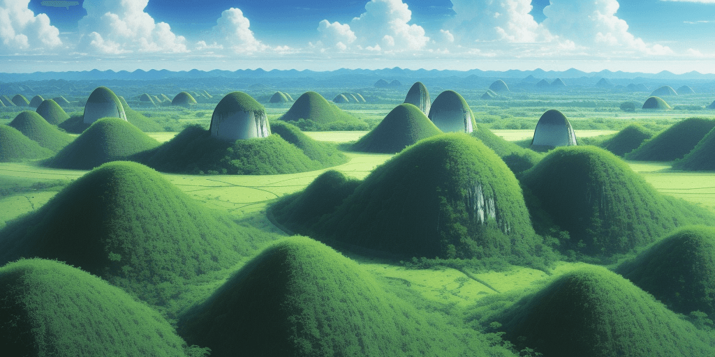 AI generated: anime key visual, landscape of a (The Chocolate Hills:1.1) , lush flora, Sunny, (by Hideyuki Kikuchi...