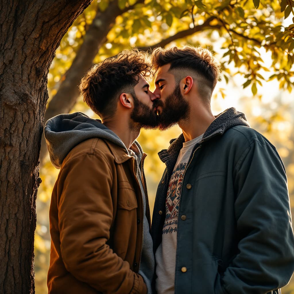 AI generated: two cute male gay couples kissing under a tree