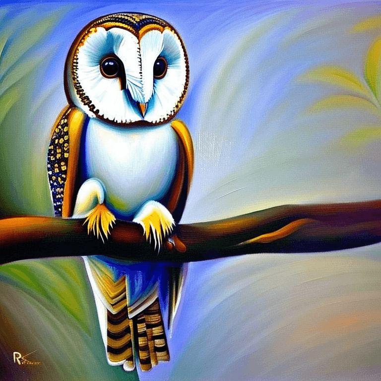 AI generated: Ralistic, ((Masterpiece, best quality)), cute barn owl perching on branch in dream park, in full vie...