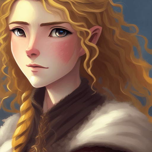 AI generated: A fantasy Anime style painting of female hobbit art character with curly blond messy hair, serious f...