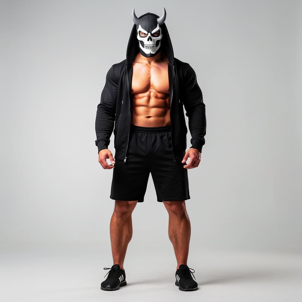 AI generated: A big muscular man wearing black short shorts and a black fully unzipped jacket with a hood that has...