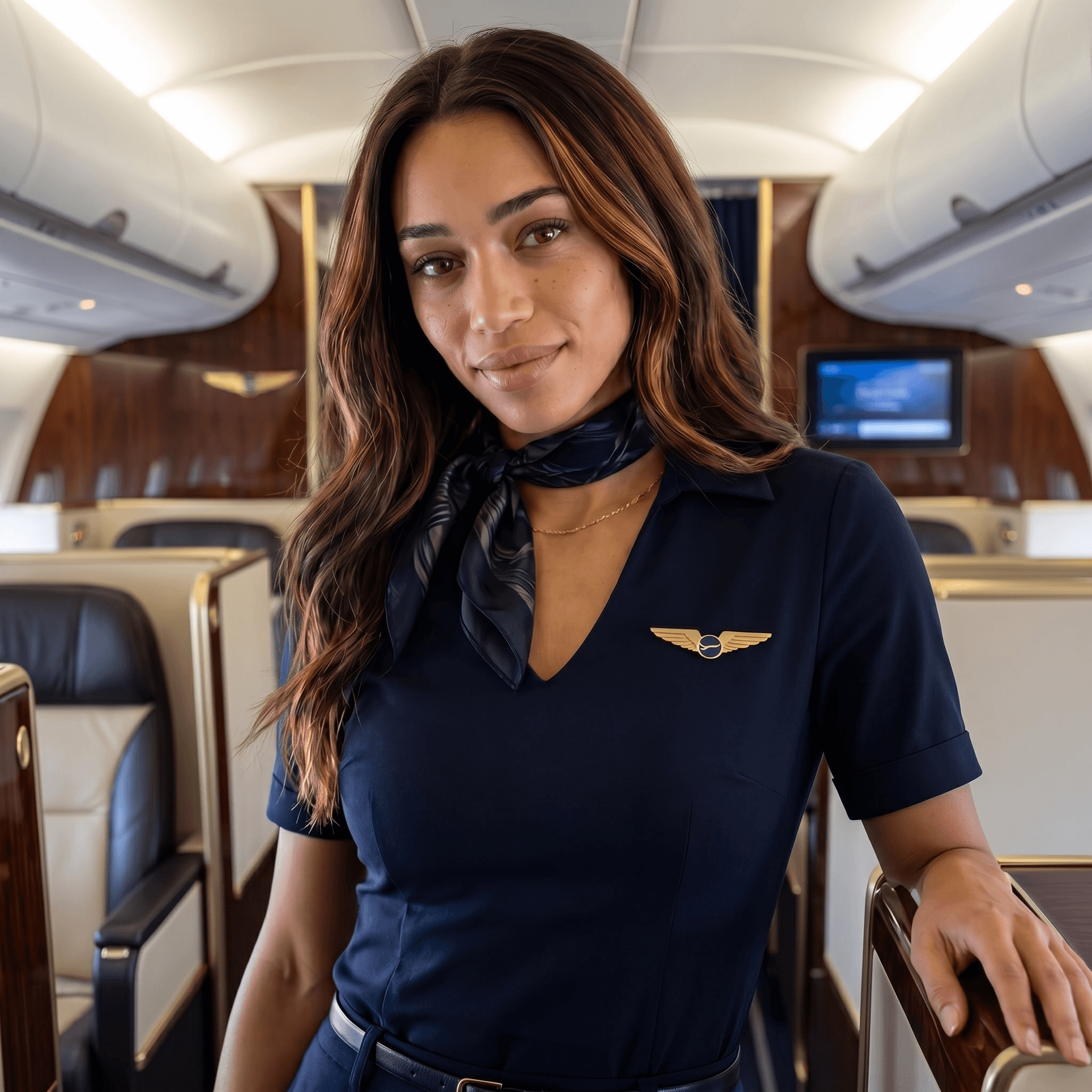 AI generated: change background in luxury background aircraft cabin ,do not change anything else on picture