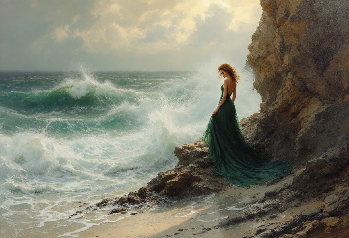 AI generated: Pintura a oleo mulher solitária em um penhasco à beira-mar, ao entardecer, usando um vestido longo e...