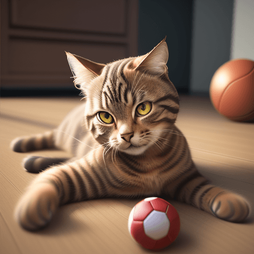 AI generated: brown tabby cat,lying on the floor,short hair,playing with the ball, hyper realism, high detail, oct...