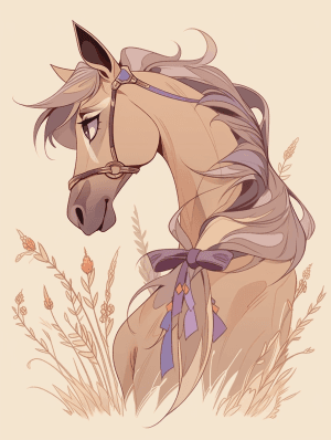 AI generated: Over The Shoulder of a face of a horse in a meadow with elegant ribbons, in the style of Lauren Faus...