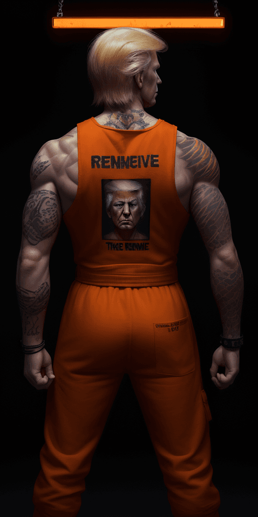AI generated: Trump in sleeveless orange prison jumpsuit, muscular, tattoo of the word "REVENGE" on arm, ((best qu...