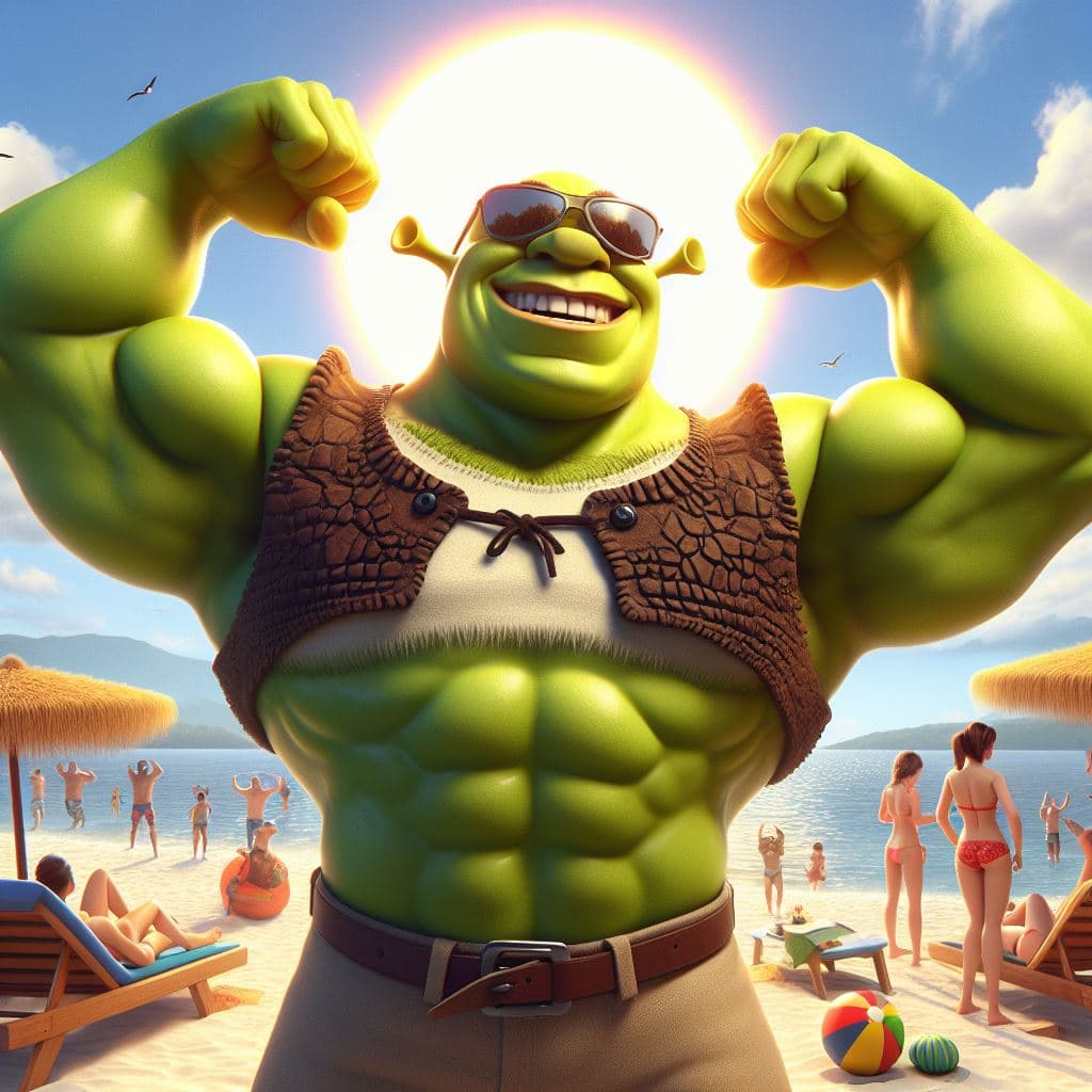 AI generated: Shrek showing muscles with sunglasses, smiling, beach, tourists, warmth, realism
