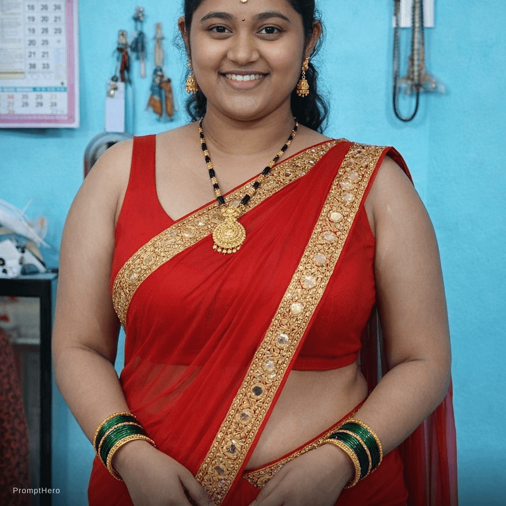 AI generated: She wear a red colour chiffon saree with sleevless blouse