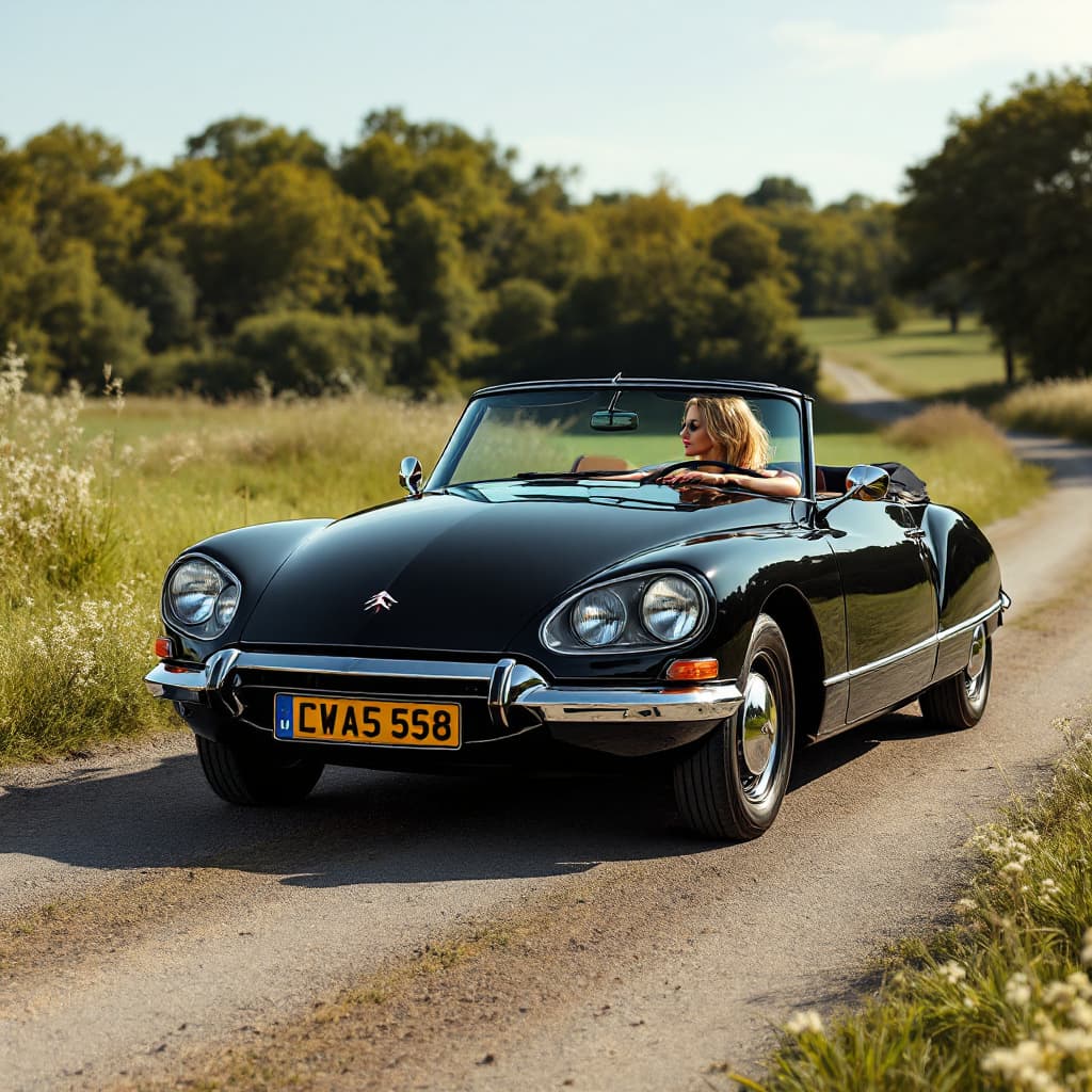 AI generated: gorgeous lady driving ,the Citroën DS 19 black Convertible, in the countryside, 