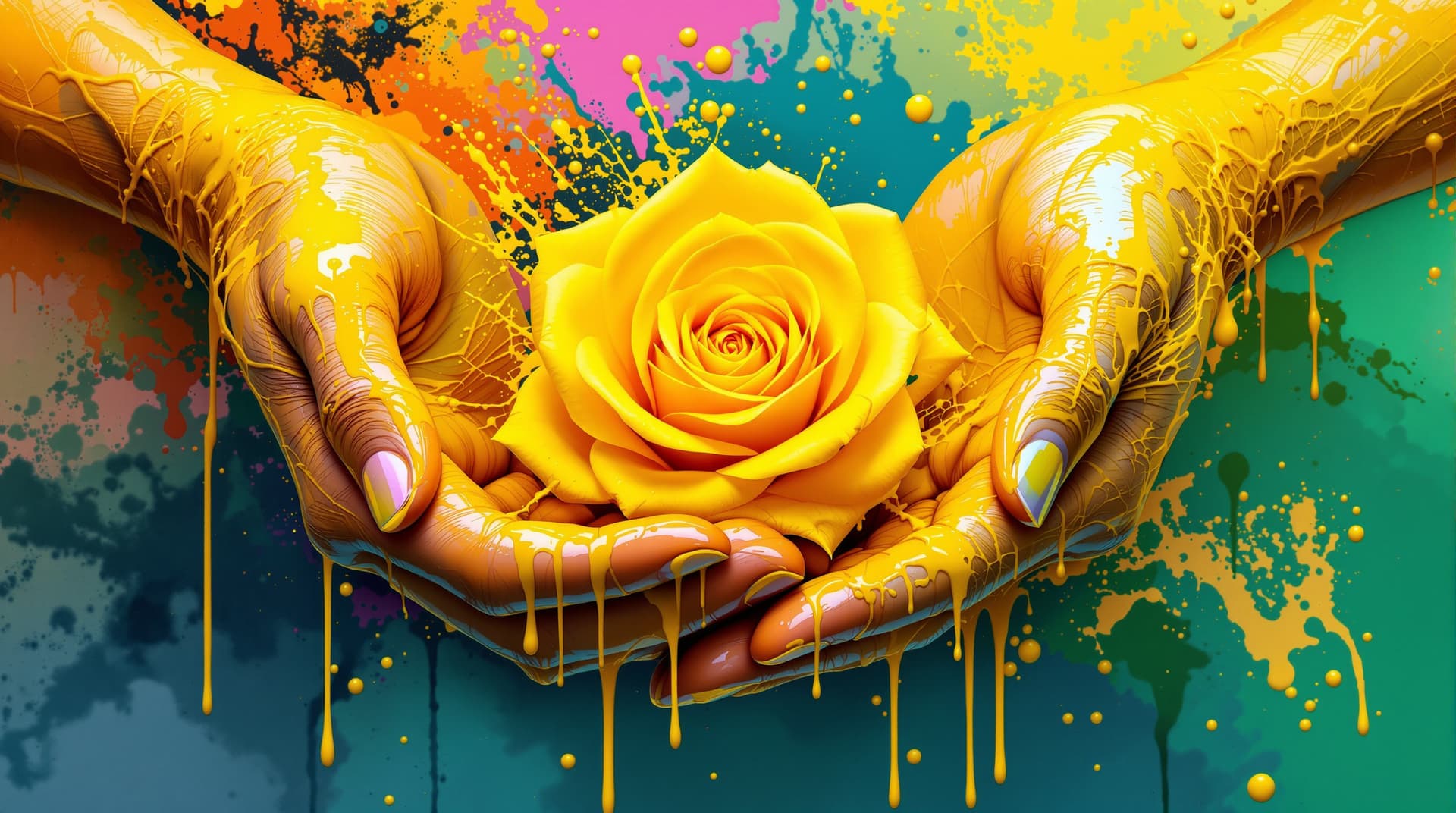 AI generated:  random pose,  two hands hyper realistic with asiatic tatoo skin, giving   a  yellow  rose ,the flow...